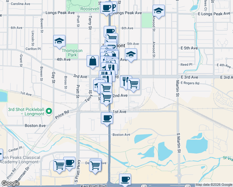 map of restaurants, bars, coffee shops, grocery stores, and more near 204 Main Street in Longmont
