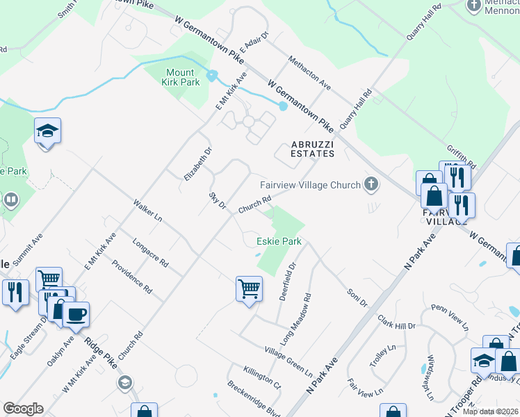map of restaurants, bars, coffee shops, grocery stores, and more near 516 Church Road in Eagleville
