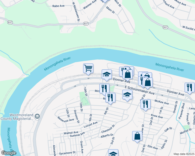 map of restaurants, bars, coffee shops, grocery stores, and more near in Monessen