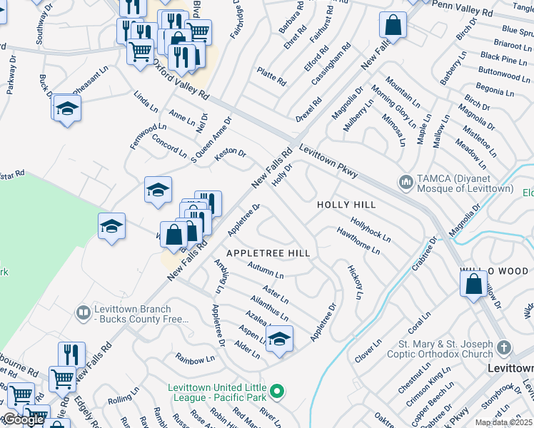 map of restaurants, bars, coffee shops, grocery stores, and more near 45 Almond Lane in Levittown