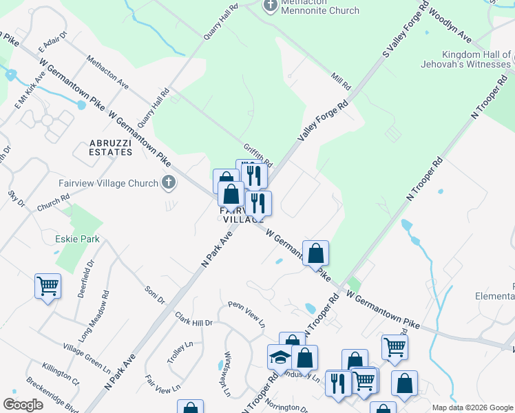 map of restaurants, bars, coffee shops, grocery stores, and more near 1010 South Valley Forge Road in Eagleville