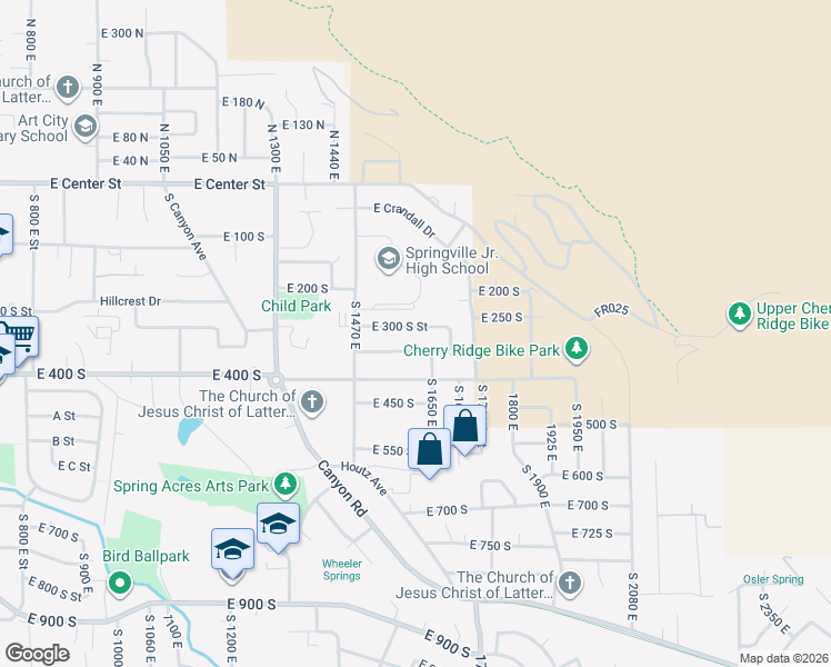 map of restaurants, bars, coffee shops, grocery stores, and more near 1567 East 300 South Street in Springville