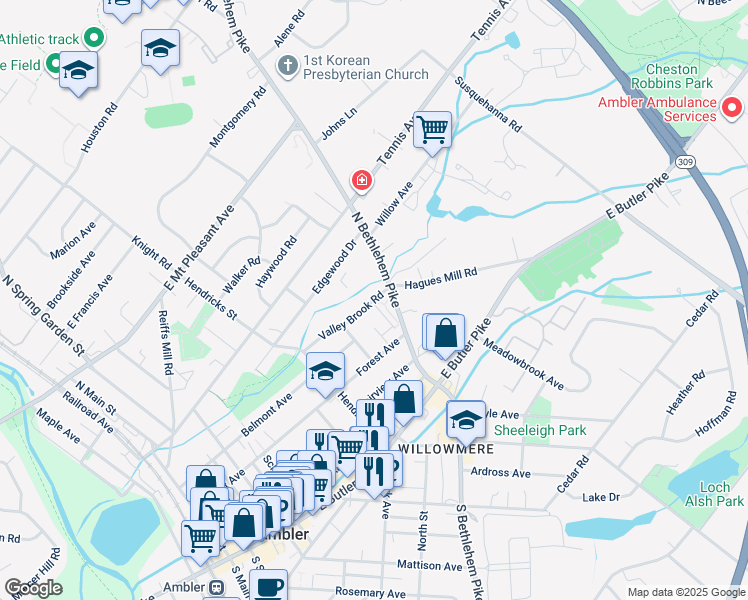 map of restaurants, bars, coffee shops, grocery stores, and more near 353 Valley Brook Road in Ambler