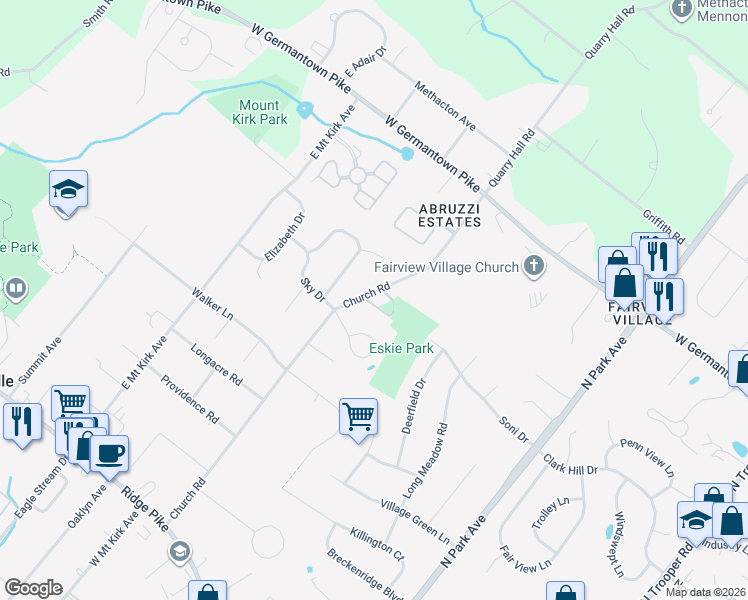 map of restaurants, bars, coffee shops, grocery stores, and more near 516 Church Road in Eagleville