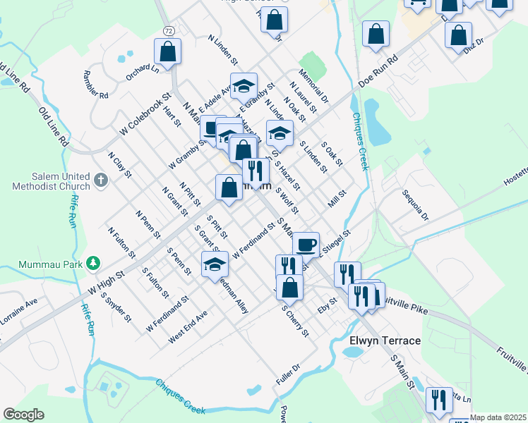 map of restaurants, bars, coffee shops, grocery stores, and more near 65 South Main Street in Manheim
