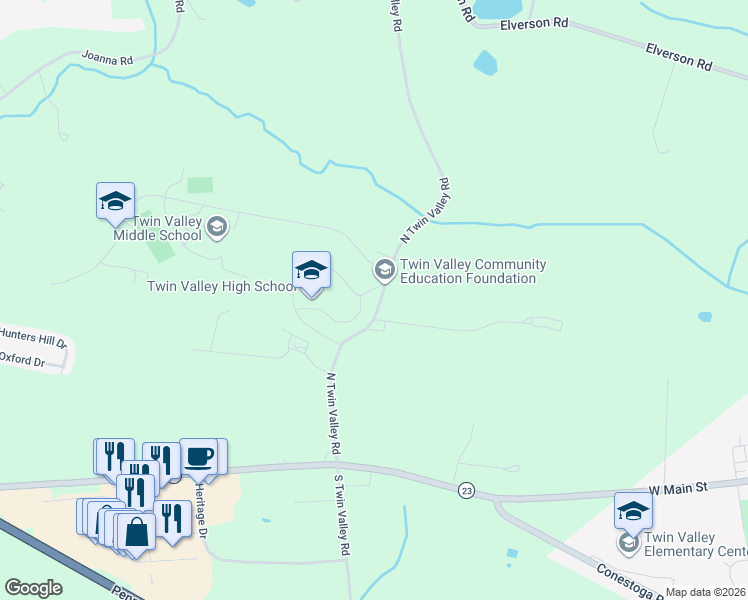 map of restaurants, bars, coffee shops, grocery stores, and more near 4897 North Twin Valley Road in Elverson