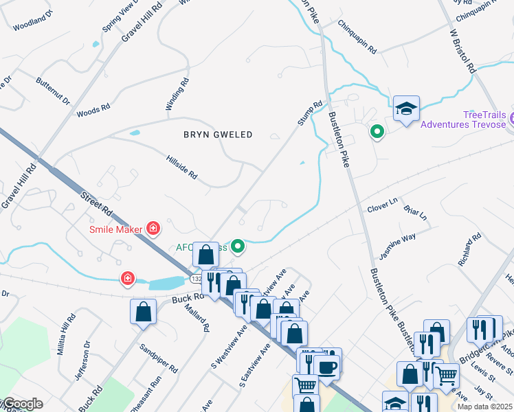 map of restaurants, bars, coffee shops, grocery stores, and more near 304 Katie Drive in Feasterville-Trevose