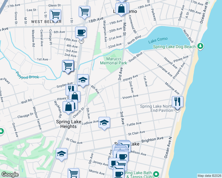 map of restaurants, bars, coffee shops, grocery stores, and more near 315 Pitney Avenue in Spring Lake