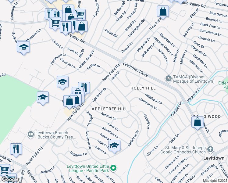 map of restaurants, bars, coffee shops, grocery stores, and more near 282 Appletree Drive in Levittown