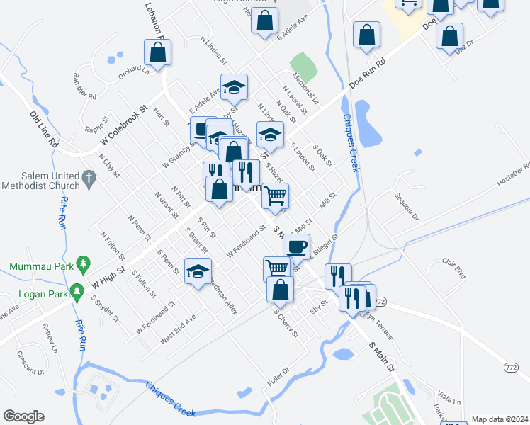 map of restaurants, bars, coffee shops, grocery stores, and more near 75 South Main Street in Manheim