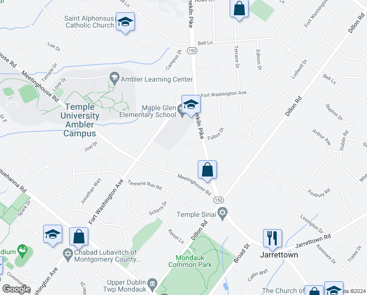 map of restaurants, bars, coffee shops, grocery stores, and more near 1019 Fulton Drive in Maple Glen