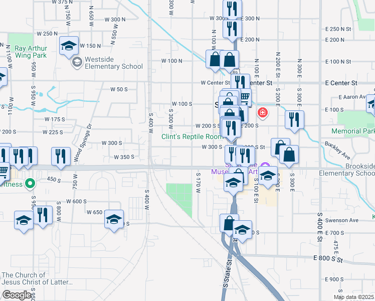 map of restaurants, bars, coffee shops, grocery stores, and more near 306 South 200 West Street in Springville