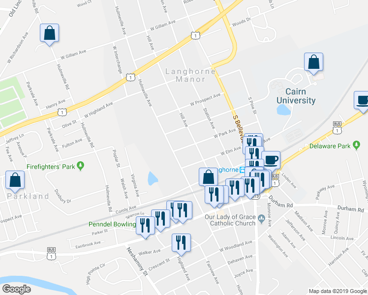 map of restaurants, bars, coffee shops, grocery stores, and more near 306 West Park Avenue in Langhorne