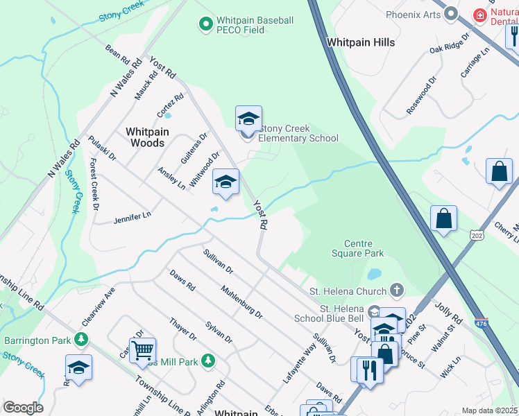 map of restaurants, bars, coffee shops, grocery stores, and more near Yost Road in Montgomery County