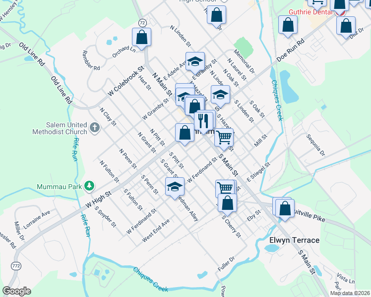 map of restaurants, bars, coffee shops, grocery stores, and more near 3 South Charlotte Street in Manheim
