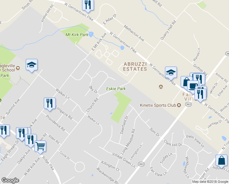map of restaurants, bars, coffee shops, grocery stores, and more near 520 Church Road in Eagleville
