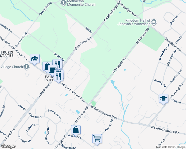 map of restaurants, bars, coffee shops, grocery stores, and more near Windy Hill Road in Montgomery County