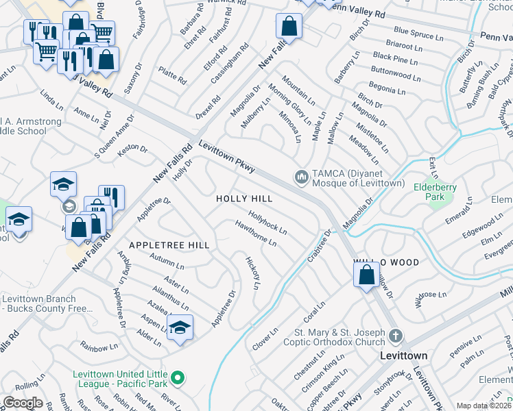 map of restaurants, bars, coffee shops, grocery stores, and more near 57 Huckleberry Lane in Levittown