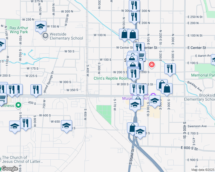 map of restaurants, bars, coffee shops, grocery stores, and more near 306 South 200 West Street in Springville