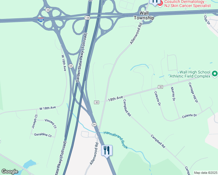 map of restaurants, bars, coffee shops, grocery stores, and more near 2150 Allenwood Road in Wall Township