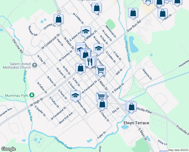 map of restaurants, bars, coffee shops, grocery stores, and more near 58 South Main Street in Manheim