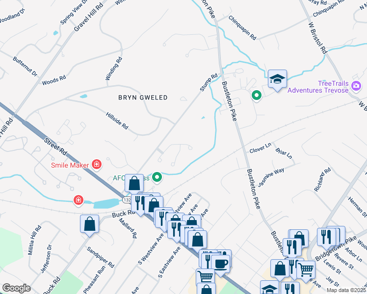 map of restaurants, bars, coffee shops, grocery stores, and more near Katie Drive in Feasterville-Trevose