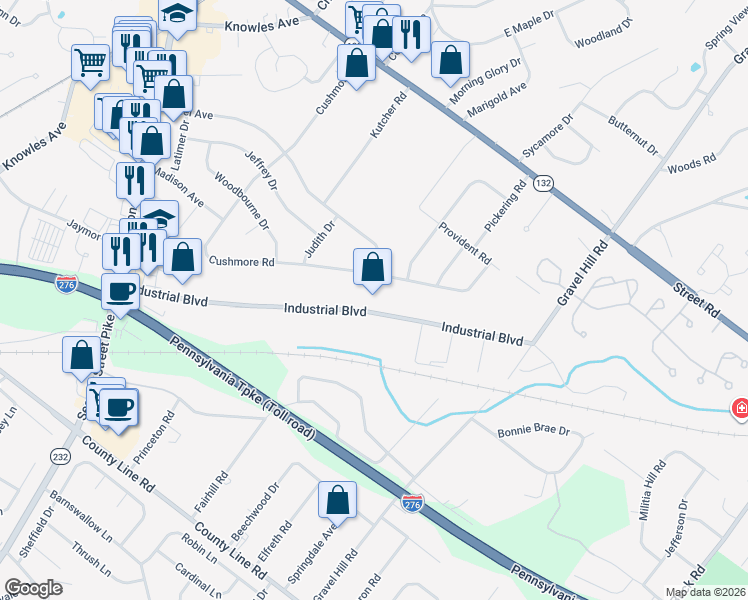 map of restaurants, bars, coffee shops, grocery stores, and more near 1225 Industrial Boulevard in Southampton
