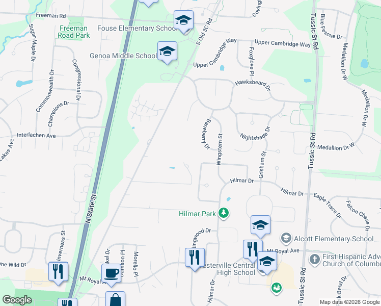 map of restaurants, bars, coffee shops, grocery stores, and more near 6166 Baneberry Drive in Westerville
