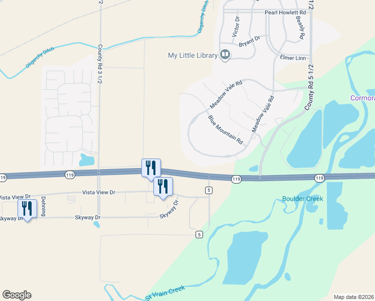map of restaurants, bars, coffee shops, grocery stores, and more near 1908 Meadow Vale Road in Longmont