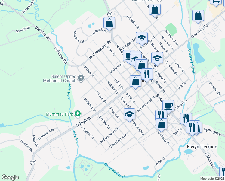 map of restaurants, bars, coffee shops, grocery stores, and more near 38 North Grant Street in Manheim