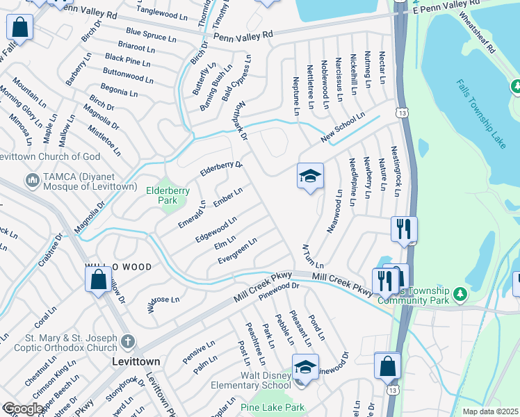 map of restaurants, bars, coffee shops, grocery stores, and more near 86 Edgewood Lane in Levittown