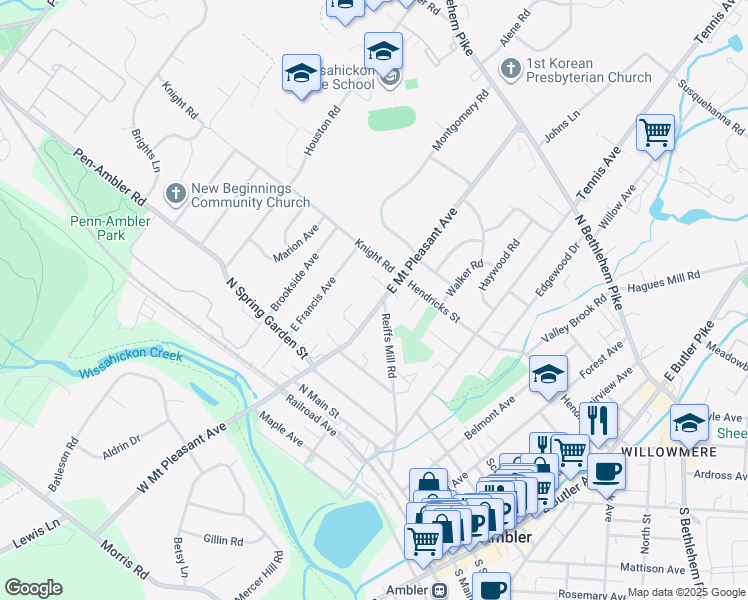 map of restaurants, bars, coffee shops, grocery stores, and more near 208 East Mount Pleasant Avenue in Ambler