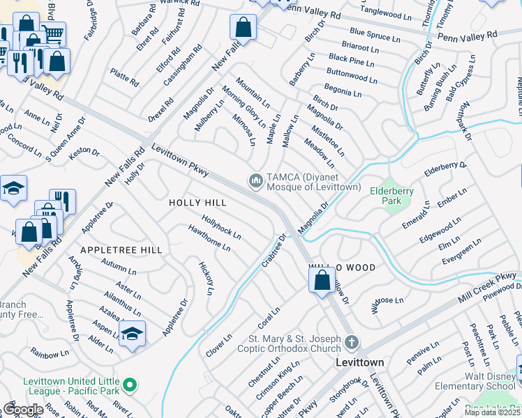 map of restaurants, bars, coffee shops, grocery stores, and more near 298 Holly Drive in Levittown