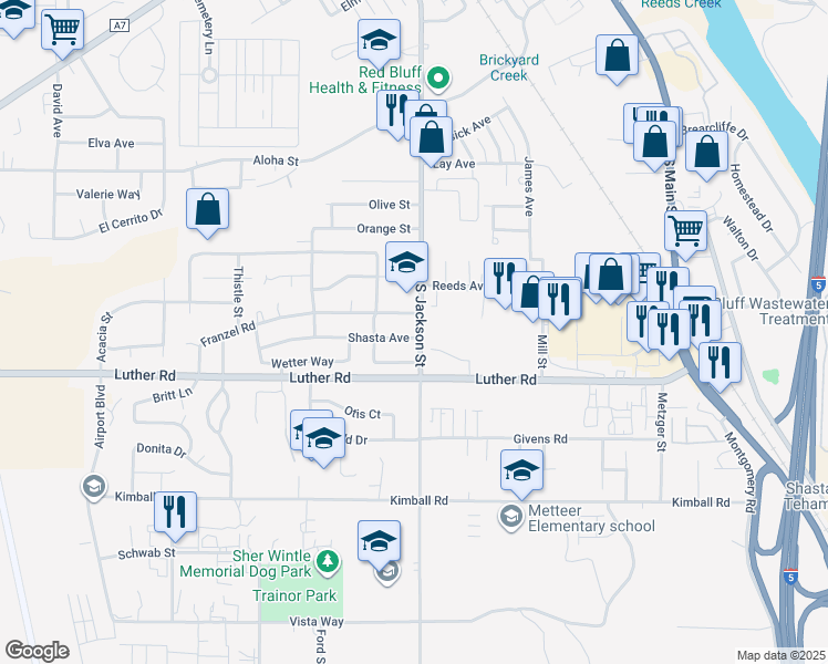 map of restaurants, bars, coffee shops, grocery stores, and more near 810 Shasta Avenue in Red Bluff