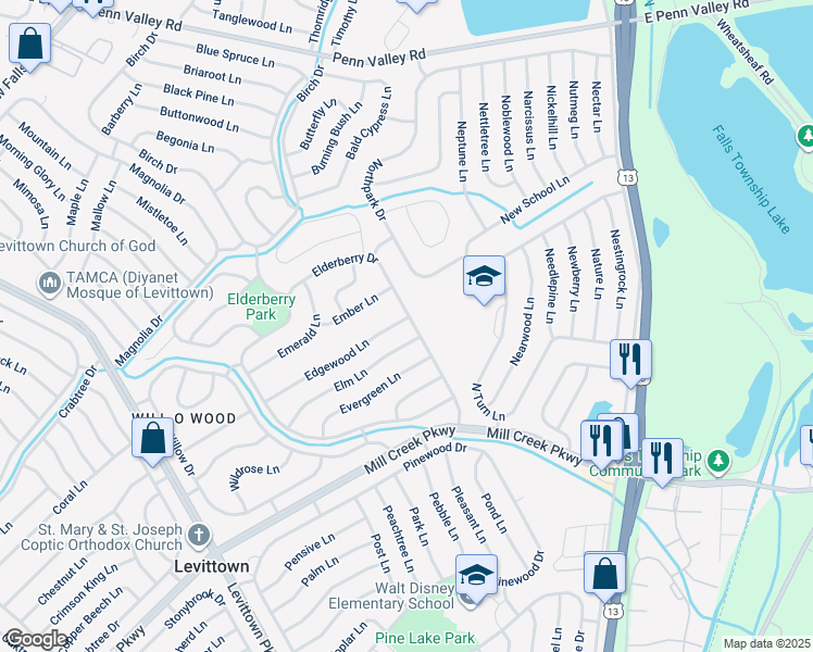 map of restaurants, bars, coffee shops, grocery stores, and more near 86 Edgewood Lane in Levittown