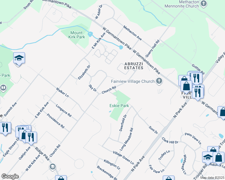 map of restaurants, bars, coffee shops, grocery stores, and more near 520 Church Road in Eagleville