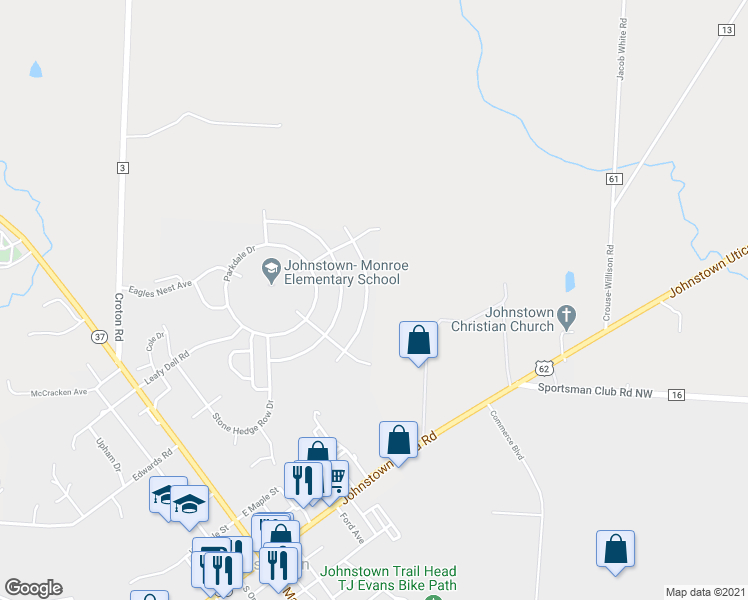 map of restaurants, bars, coffee shops, grocery stores, and more near 312 Green Acres Drive in Johnstown