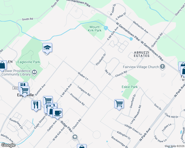 map of restaurants, bars, coffee shops, grocery stores, and more near 240 East Mount Kirk Avenue in Eagleville