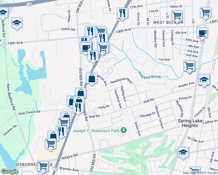 map of restaurants, bars, coffee shops, grocery stores, and more near 2502 Emerson Avenue in Spring Lake