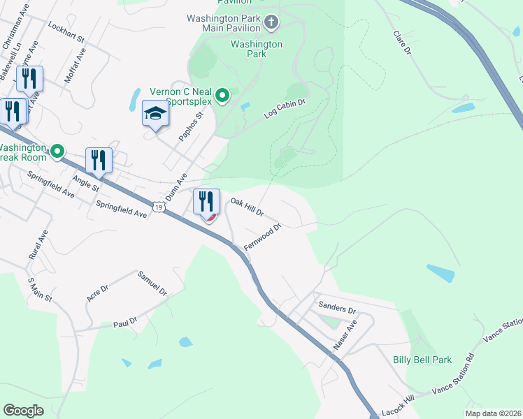 map of restaurants, bars, coffee shops, grocery stores, and more near 153 Oak Hill Drive in Washington