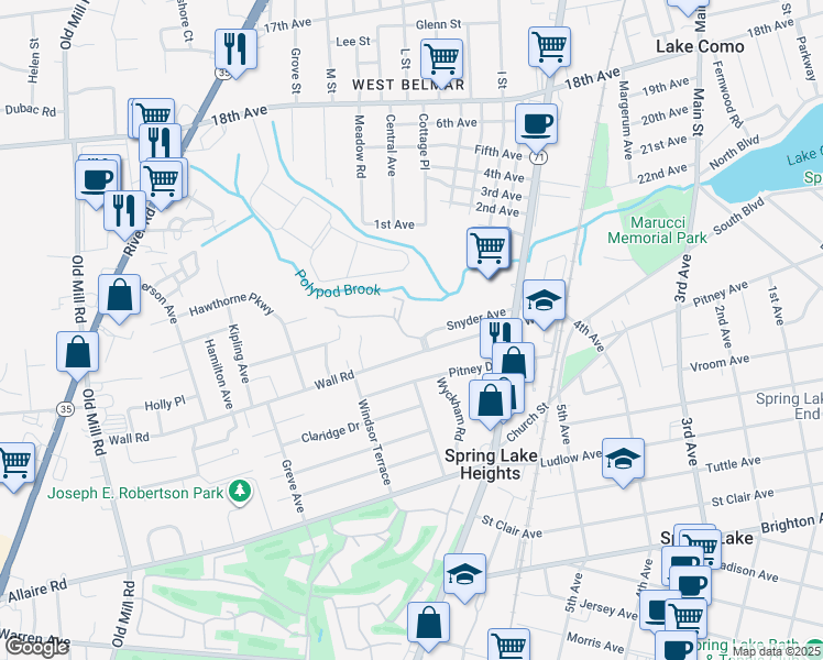 map of restaurants, bars, coffee shops, grocery stores, and more near 10 Royal Court Drive in Spring Lake