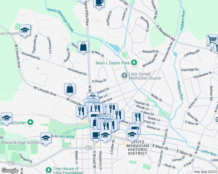 map of restaurants, bars, coffee shops, grocery stores, and more near 111 Market Street in Lititz