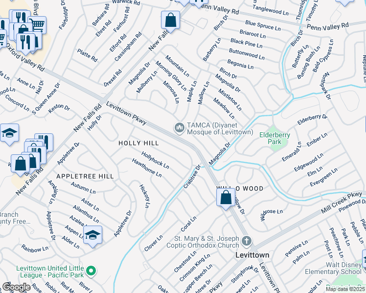 map of restaurants, bars, coffee shops, grocery stores, and more near 298 Holly Drive in Levittown