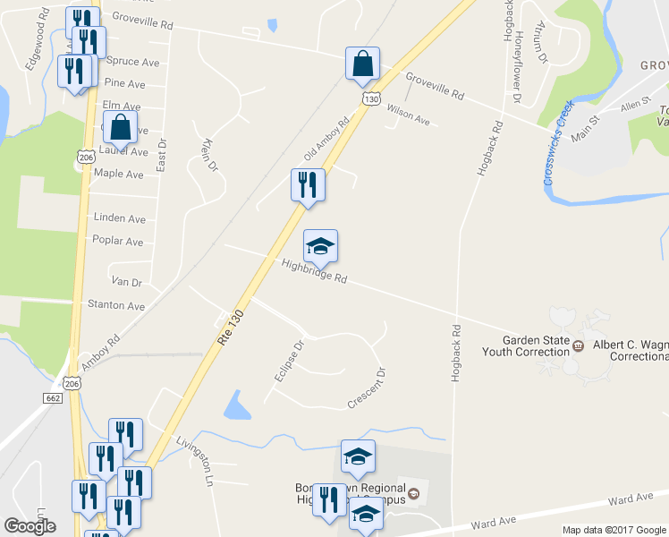 map of restaurants, bars, coffee shops, grocery stores, and more near 23 Highbridge Road in Trenton