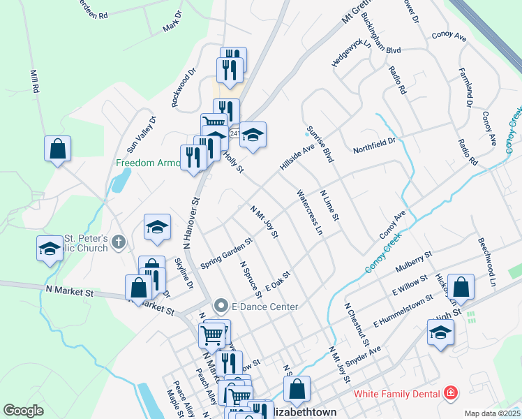 map of restaurants, bars, coffee shops, grocery stores, and more near 535 North Mount Joy Street in Elizabethtown
