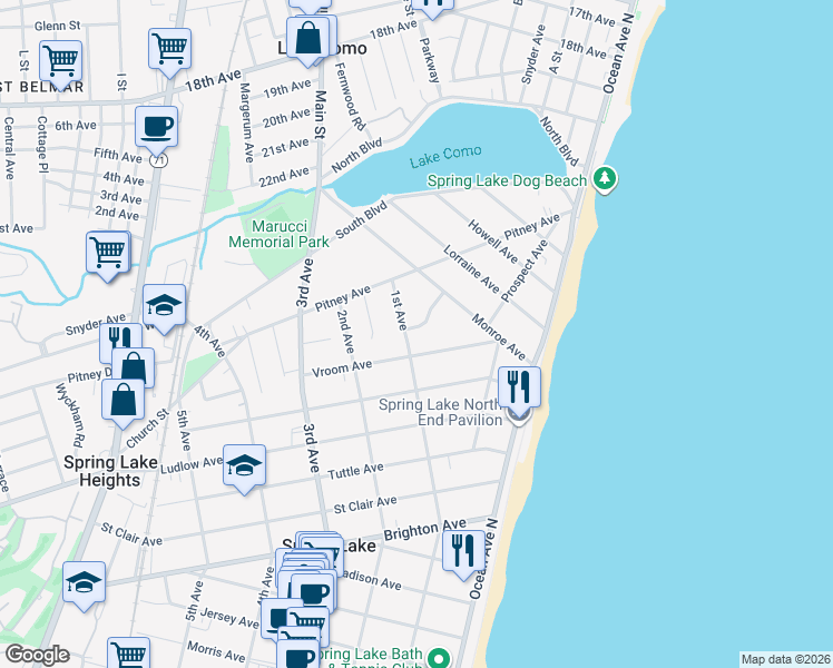 map of restaurants, bars, coffee shops, grocery stores, and more near 19 Seawood Way in Spring Lake
