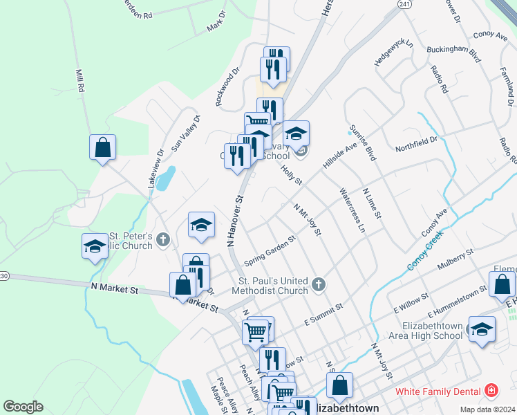 map of restaurants, bars, coffee shops, grocery stores, and more near 690 North Mount Joy Street in Elizabethtown