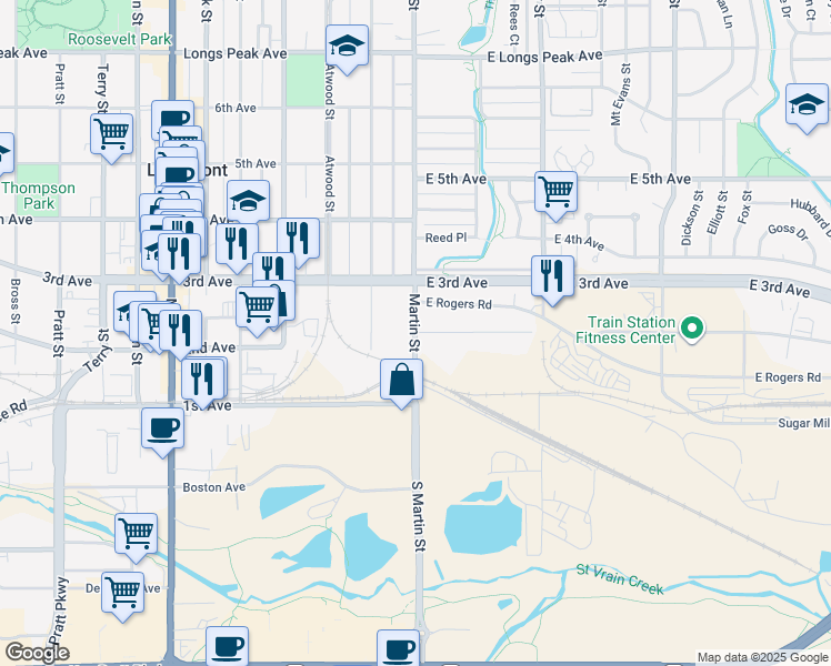 map of restaurants, bars, coffee shops, grocery stores, and more near 1 East 2nd Avenue in Longmont