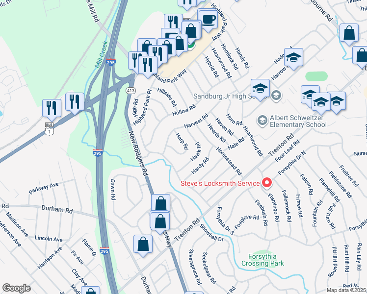 map of restaurants, bars, coffee shops, grocery stores, and more near 31 Harp Road in Levittown