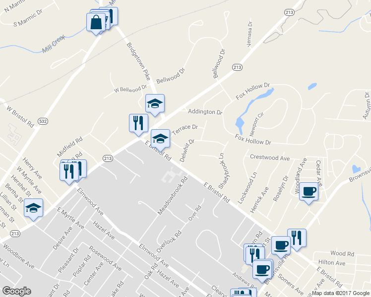 map of restaurants, bars, coffee shops, grocery stores, and more near 2015 Delwhit Drive in Feasterville-Trevose